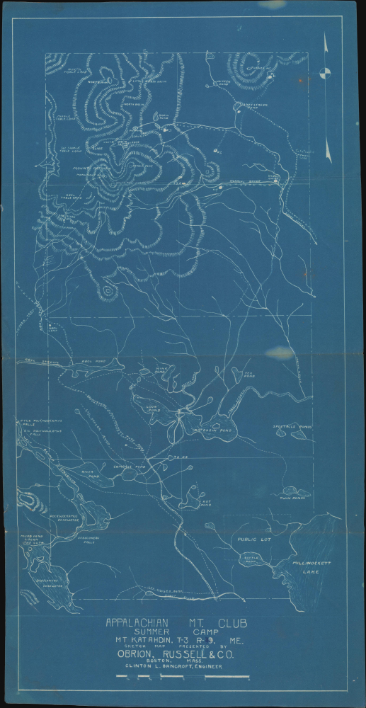1931 Obrion Russell Cyanotype Map of Mt. Katahdin, Maine