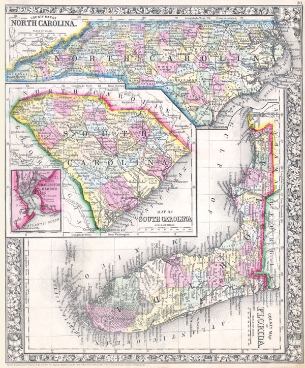 County Map of Florida. / County Map of North Carolina. / Map of South Carolina. - Main View