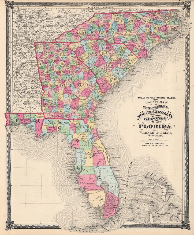 County Map of North Carolina, South Carolina, Georgia and Florida. - Main View