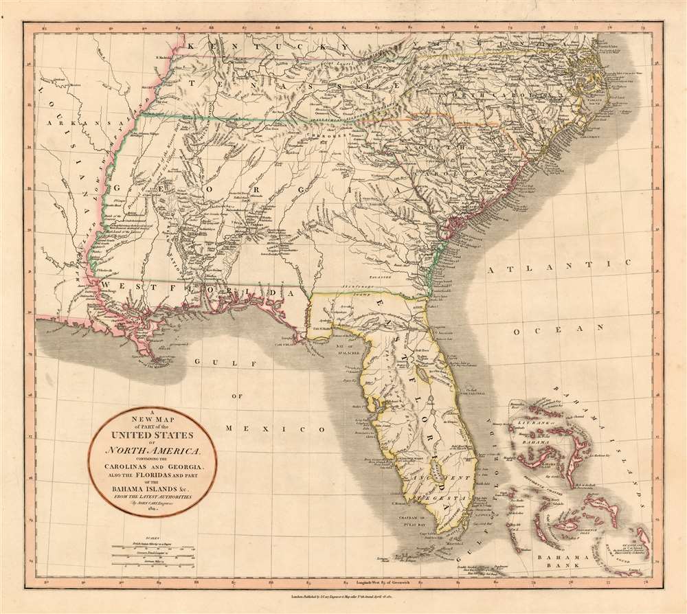 A New Map of Part of the United States of North America, Containing the Carolinas and Georgia, also the Floridas and Part of the Bahama Islands etc. - Main View