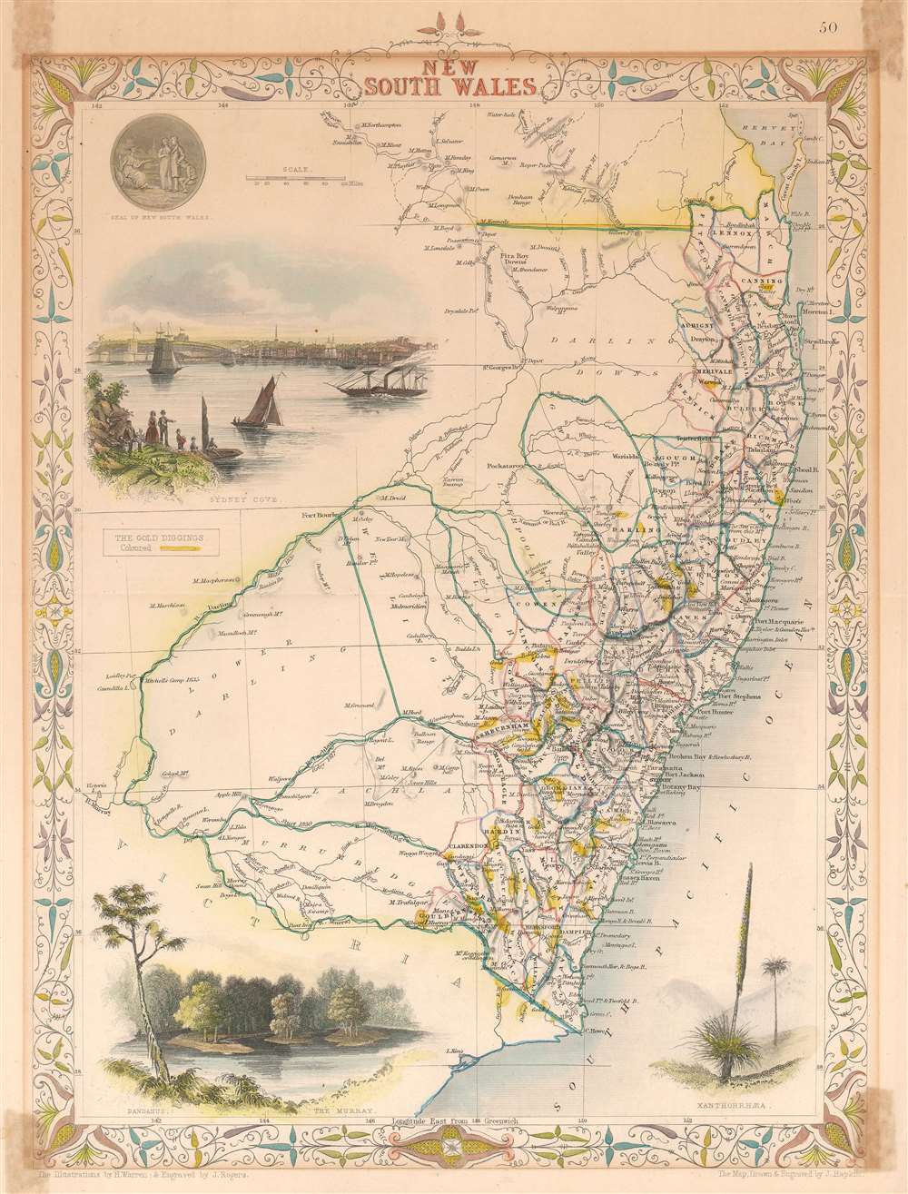 1851 Tallis and Rapkin Map of New South Wales, Australia w/ Gold Claims