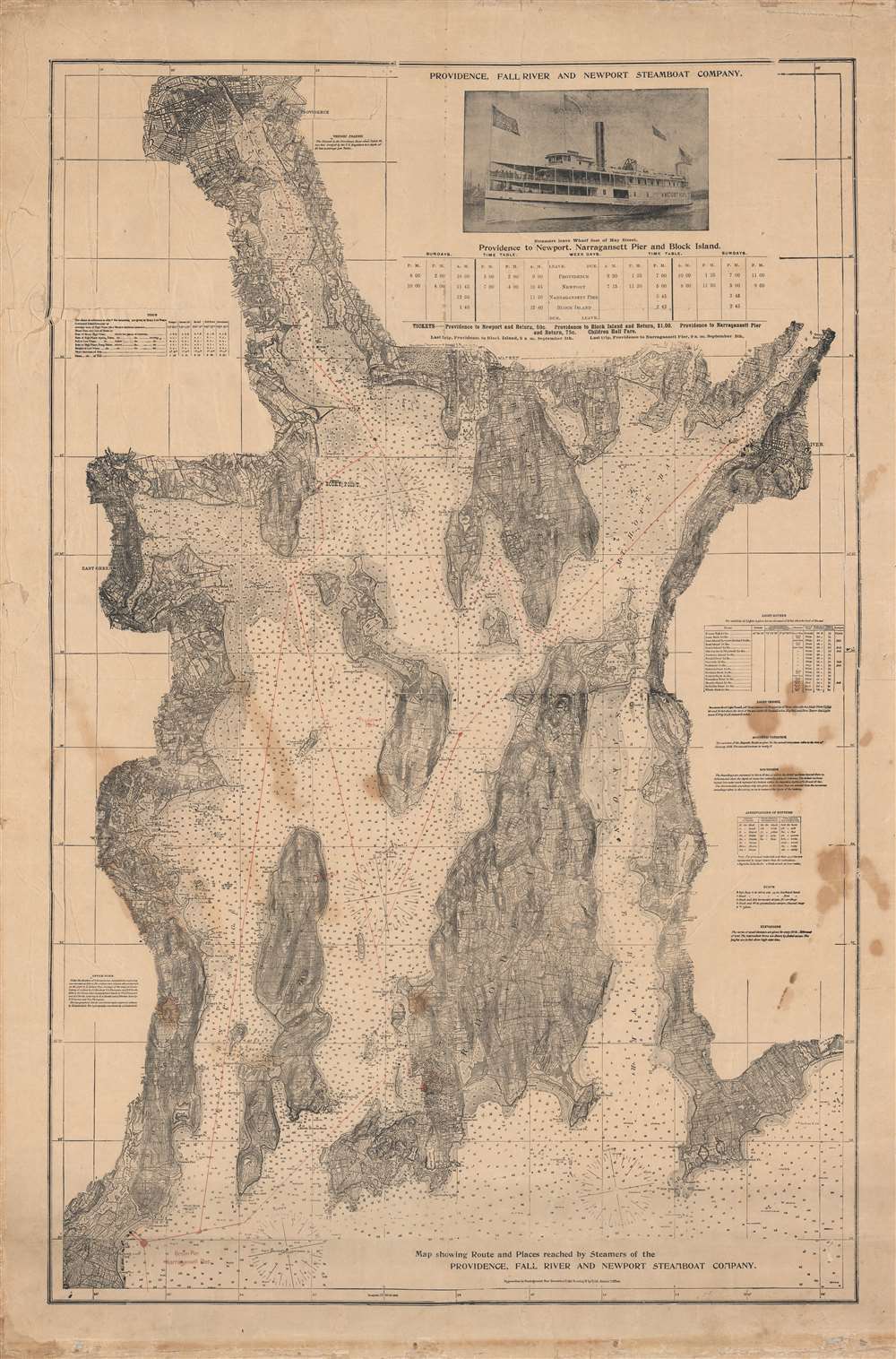 Map showing Route and Places reached by Steamers of the Providence, Fall River and Newport Steamboat Company. - Main View