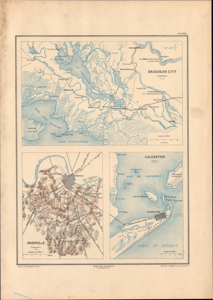 1890 Vorzet Map of Nashville, Tennessee, Galveston, Texas, and Barshear City, Louisiana