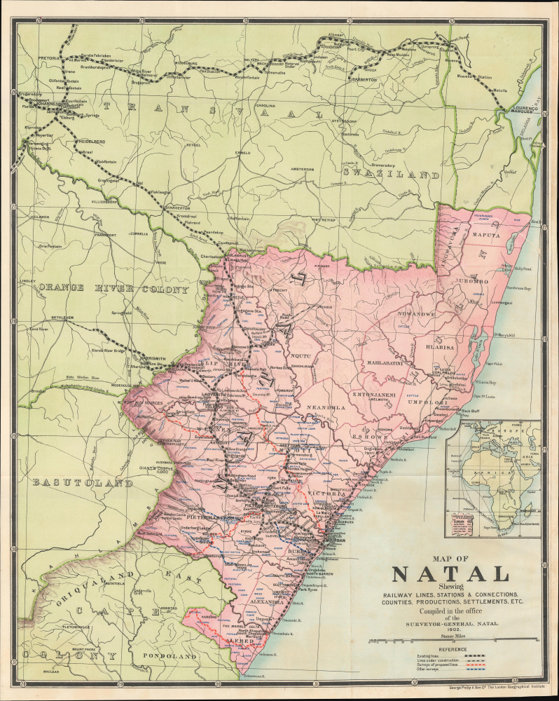 Map of Natal shewing railway lines, stations and connections, counties, productions, settlements, etc. - Main View