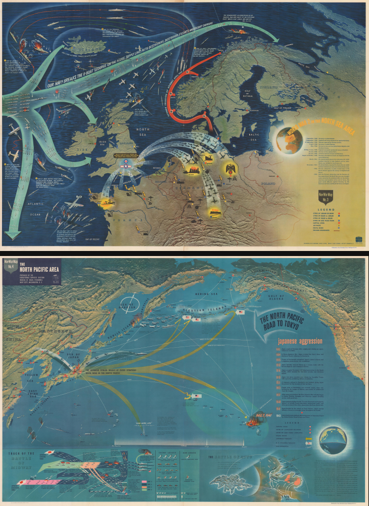 1944 Navy Education Services Double-Sided Pictorial Map of Europe and the North Pacific