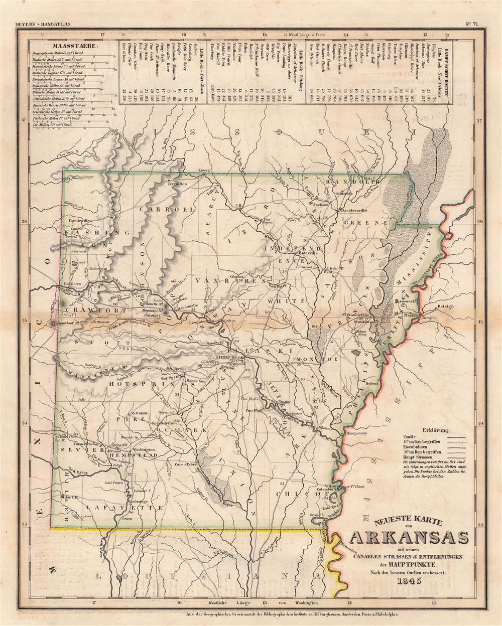 Neueste Karte von Arkansas mit seinen Canaelen Strassen und Entfernungen der Hauptpunkte. - Main View