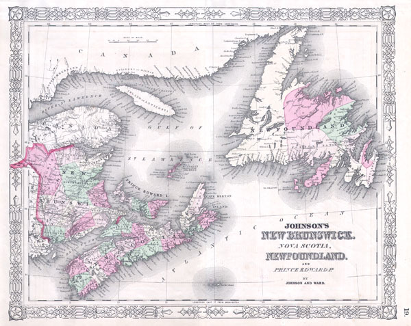 1864 Johnson's Map of New Brunswick, Nova Scotia and Newfoundland (Canada)