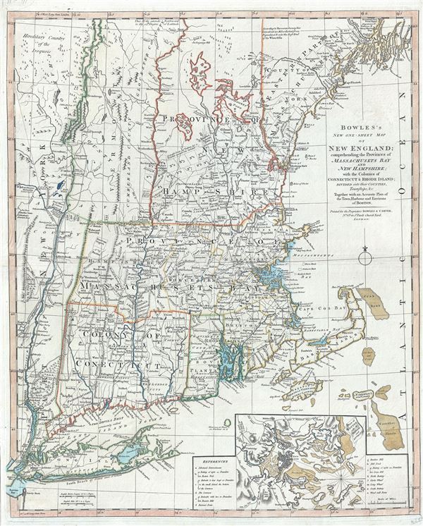 Bowles's New One-Sheet Map of New England; comprehending the Provinces of Massachusets Bay And New Hampshire; with the Colonies of Connecticut & Rhode Island; Divided into their Counties, Townships &c. Together with an Accurate Plan of the Town, Harbour and Environs of Boston. - Main View