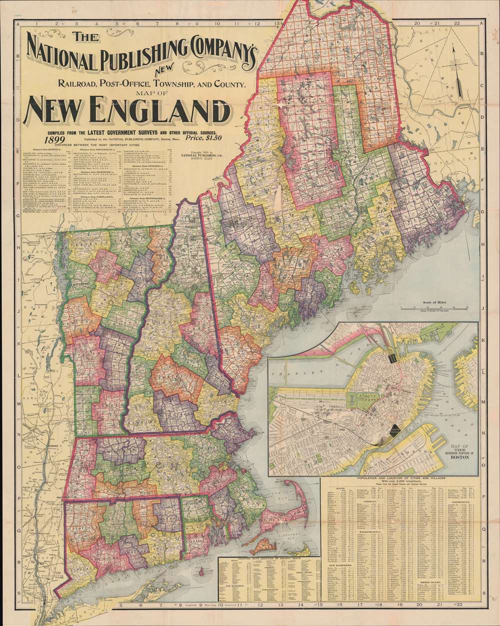 The National Publishing Company's New Railroad, Post-Office, Township, and County Map of New England. - Main View
