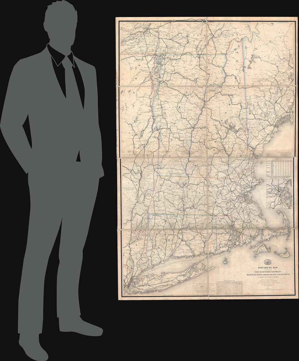 Post Route Map of the States of New Hampshire, Vermont, Massachusetts, Rhode Islands, Connecticut, and Parts of New York and Maine. - Alternate View 1