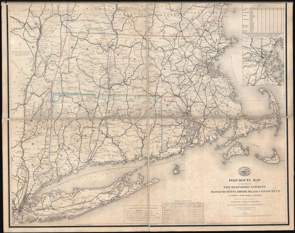 Post Route Map of the States of New Hampshire, Vermont, Massachusetts, Rhode Islands, Connecticut, and Parts of New York and Maine. - Alternate View 3