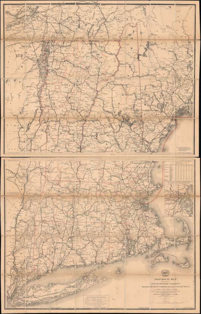 1883 Post Office Dept. Map Wall Map of New England