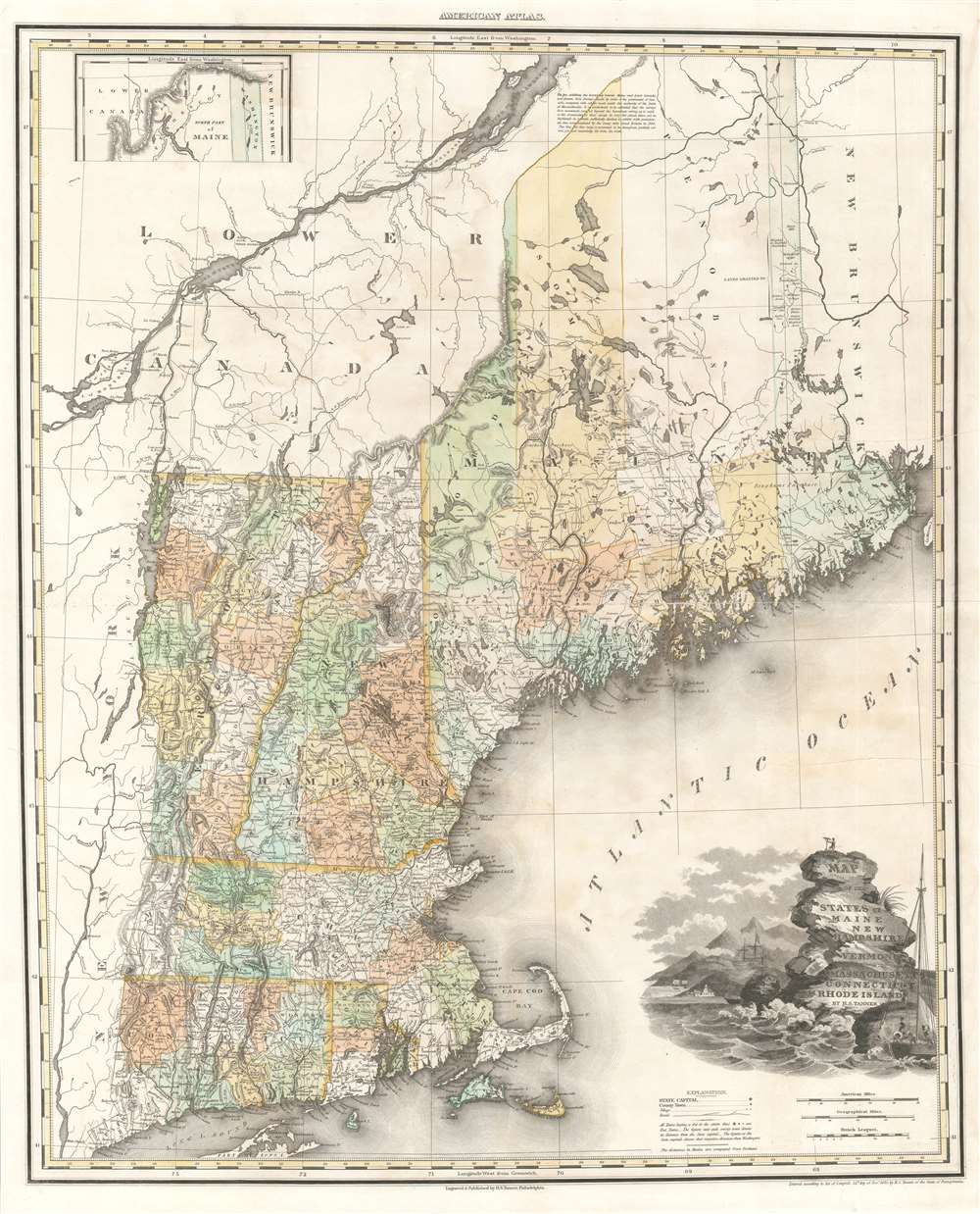 Map of the States of Maine New Hampshire Vermont Massachusetts Connecticut and Rhode Island. - Main View