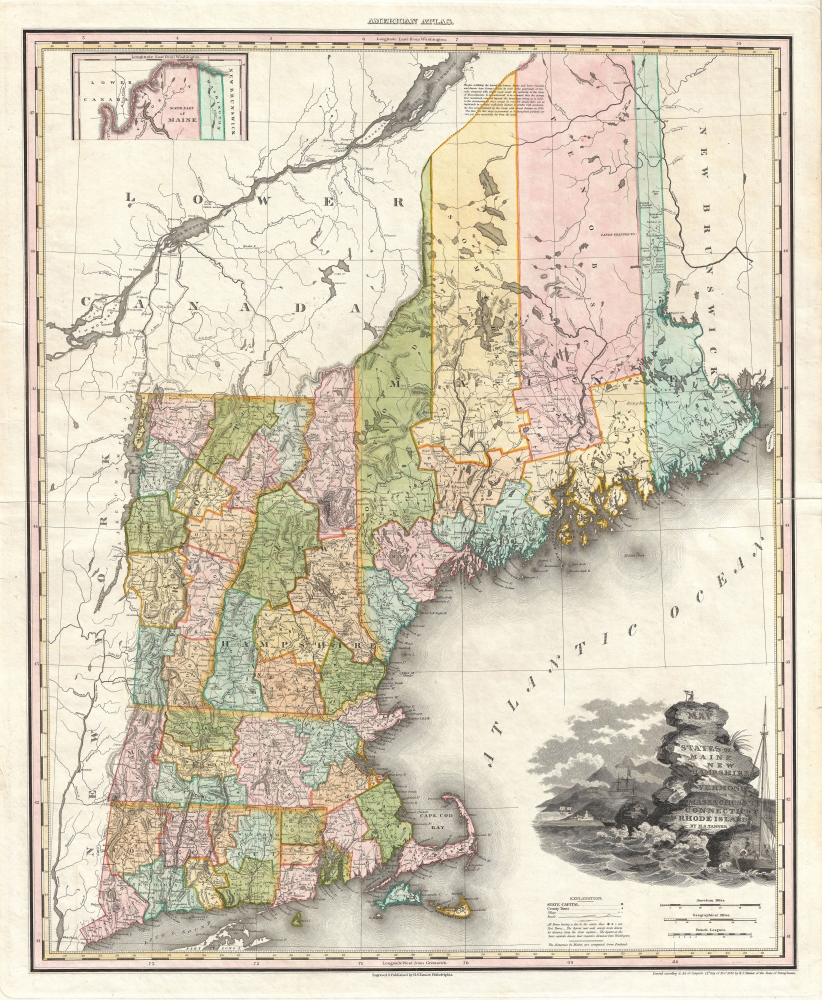 Map of the States of Maine New Hampshire Vermont Massachusetts Connecticut and Rhode Island. - Main View