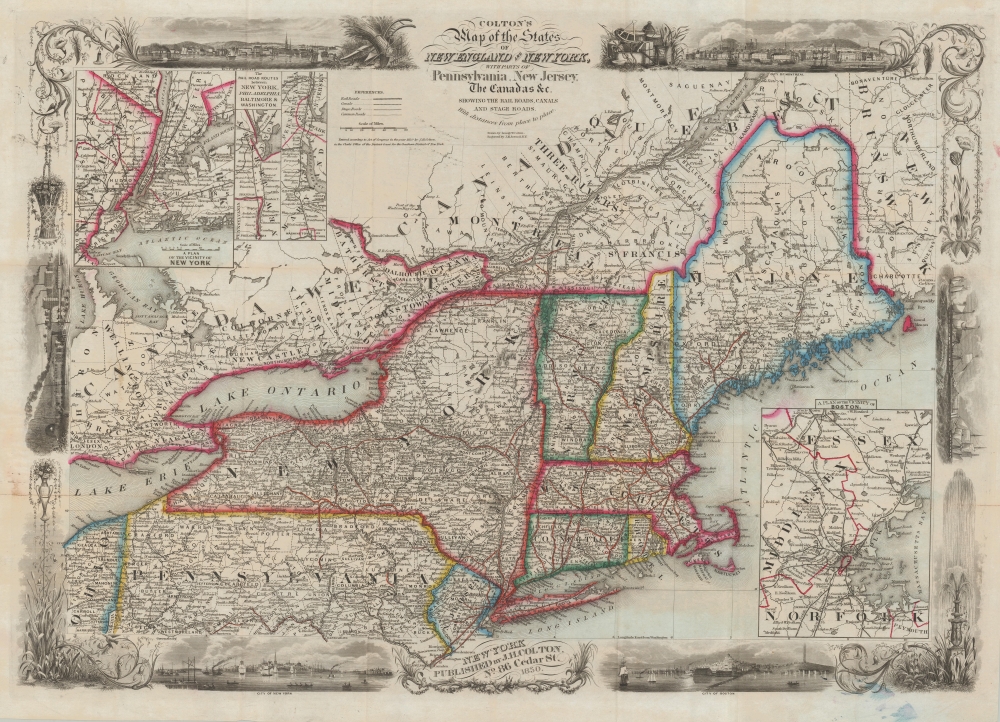 Colton's Map of the States of New England and New York, with Parts of Pennsylvania, New Jersey, the Canadas and c. Showing the Railroad, Canals and Stage Roads. With distances from place to place. - Main View