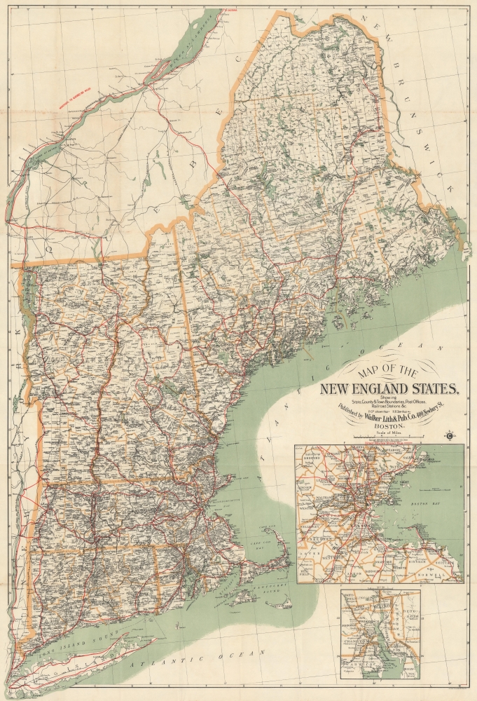 Map of the New England States, Showing State, County, and Town Boundaries, Post Offices, Railroad Stations, etc. / Automobile and Cycling Routes of the New England States. - Main View