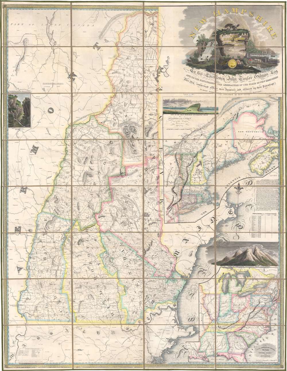 New Hampshire by Recent Survey Made Under the Supreme Authority and Published according to Law by Philip Carrigain Consellor at Law and late Secretary of the State.  / New Hampshire To his Excellency Jon Taylor Gilman Esq. and to the Honourable the Legislature of the State of New Hampshire this Map commenced under their Auspices and matured by their Patronage is most  respectfully inscribed by their Obliged Servant Philip Carrigain. - Main View