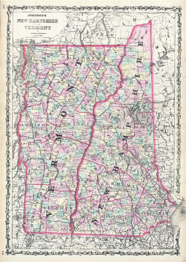 1861 Johnson Map of New Hampshire and Vermont