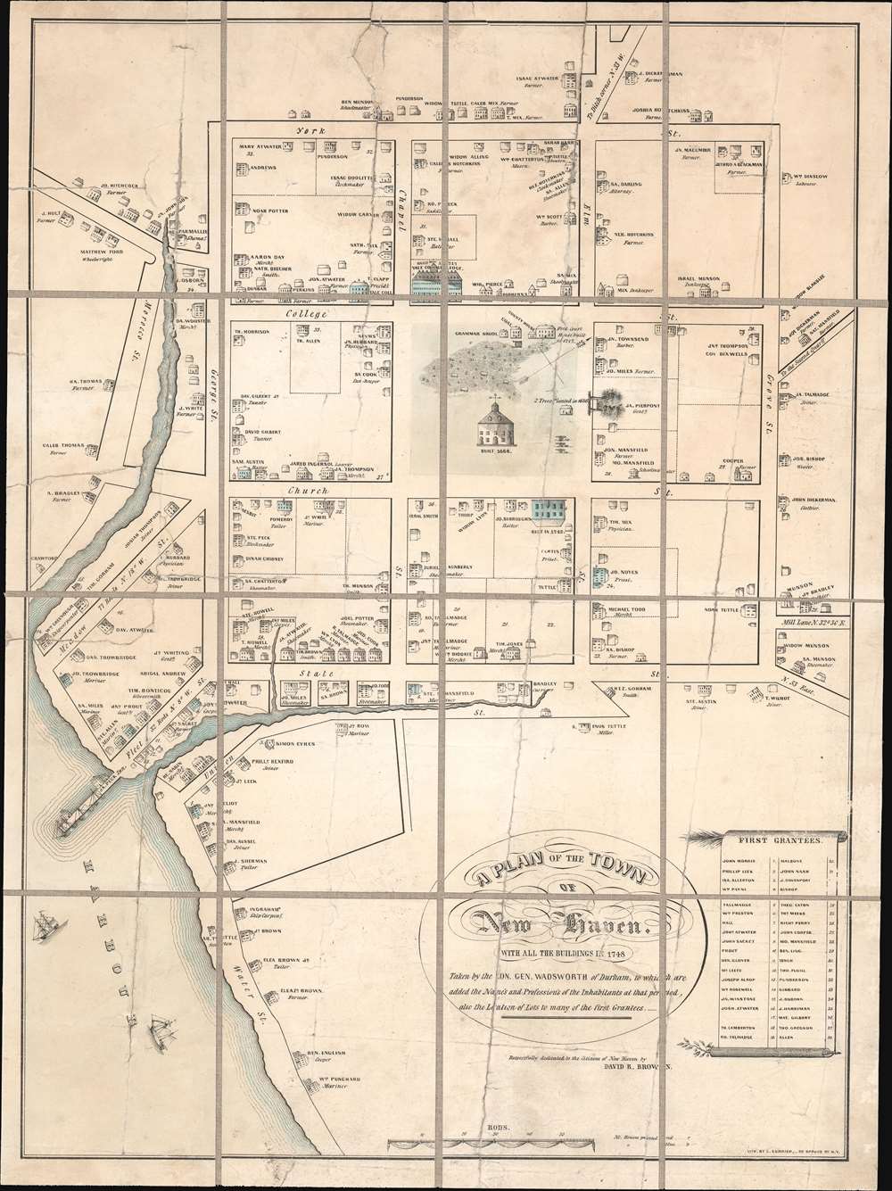 A Plan of the Town of New Haven. With all the Buildings in 1748 Taken by the Hon. Gen. Wadsworth of Durham, To Which Are Added The Name's and Profession's of the Inhabitants at that period, also the Location of Lots to many of the first Grantees. - Main View