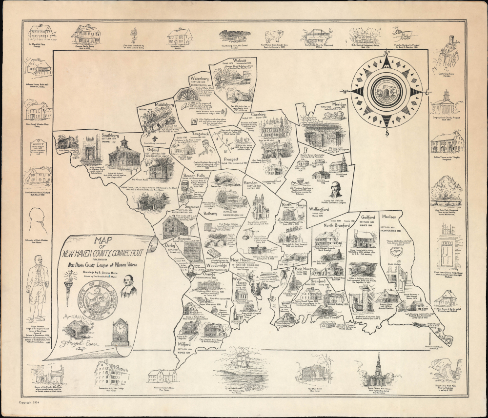 1934 Hoxie Pictorial Historical Map of New Haven County, Connecticut