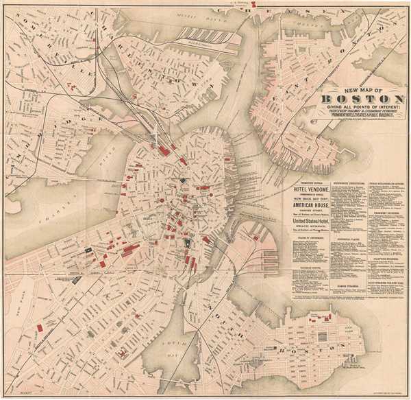 New Map of Boston Giving All Points of Interest : With Every Railway and Steamboat Terminus, Prominent Hotels Theatres and Public Buildings. - Main View