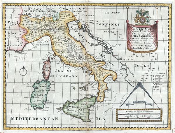 A New Map of Italy, together with the Adjoyning Islands of Sicily, Sardinia, and Corsica, Shewing their Principal Divisions, Cities, Towns, Rivers, Mountains etc. - Main View