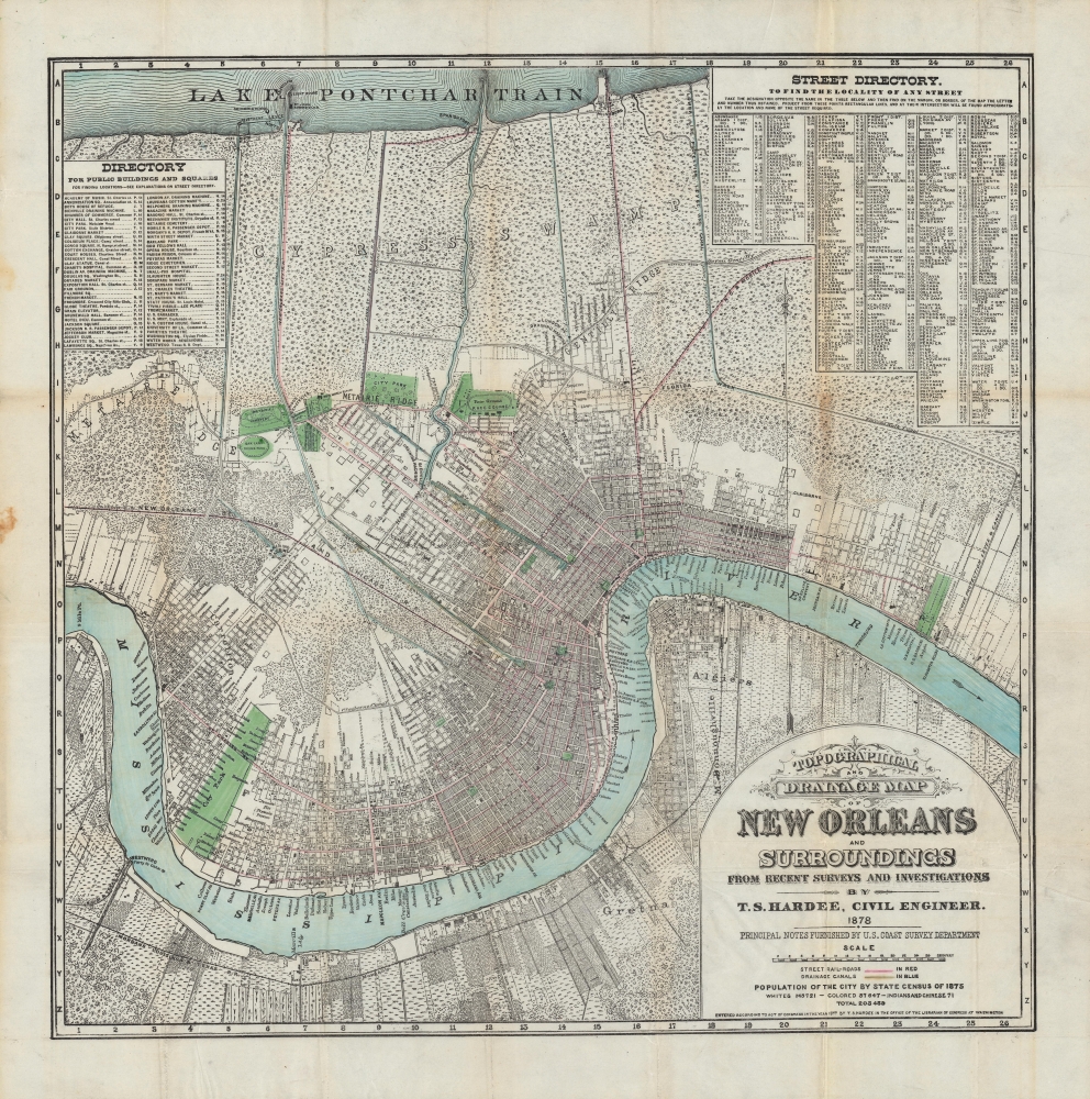 Topographical and drainage map of New Orleans and surroundings, from recent surveys and investigations. - Main View