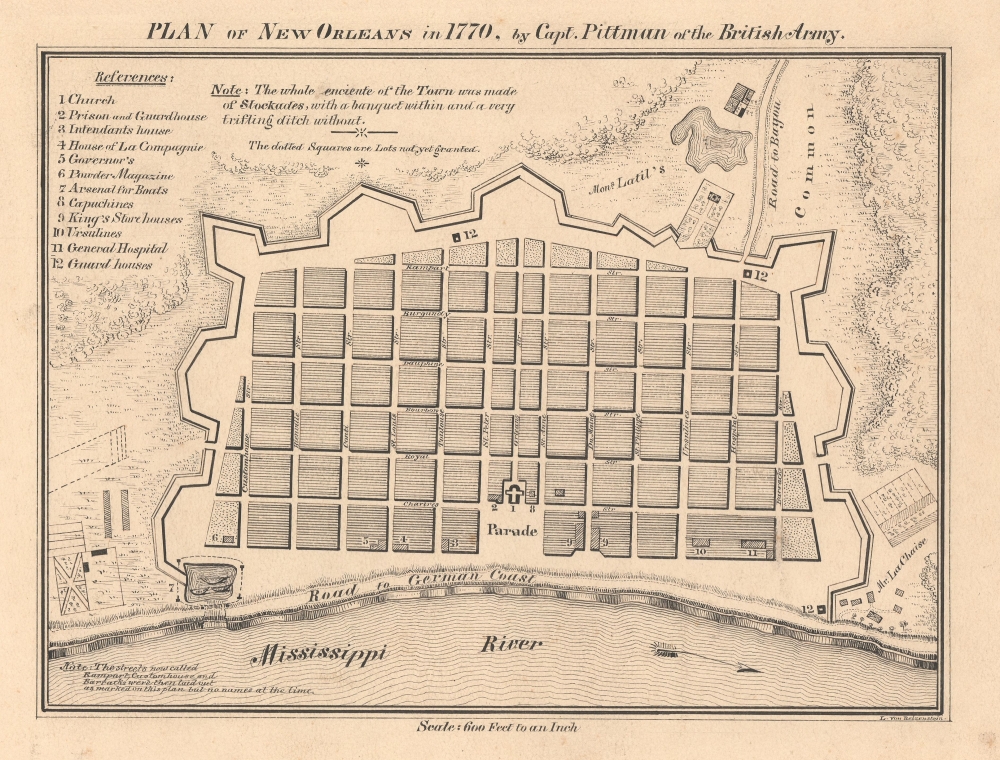 1880 Reizenstein Manuscript Map of 1770 Pittman Map of New Orleans