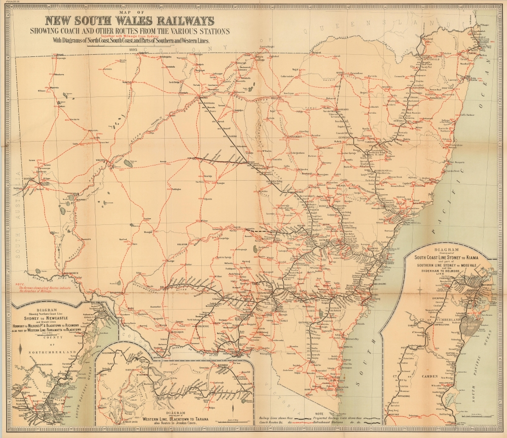 Map of New South Wales Railways Showing Coach and Other Routes From the Various Stations Together with Mileage from Sydney with Diagrams of North Coast, South Coast, and Part of Southern and Western Lines. - Main View