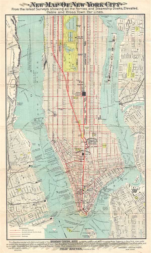 New Map of New York City. From the latest Surveys showing all the Ferries and Steamship Docks, Elevated, Cable and Cross Town Car Lines. - Main View