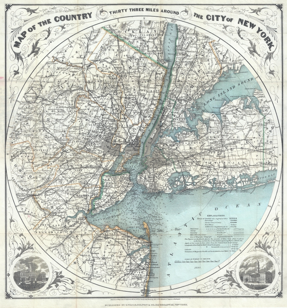 1890 Colton Map of New York and Vicinity (33 Miles Around)