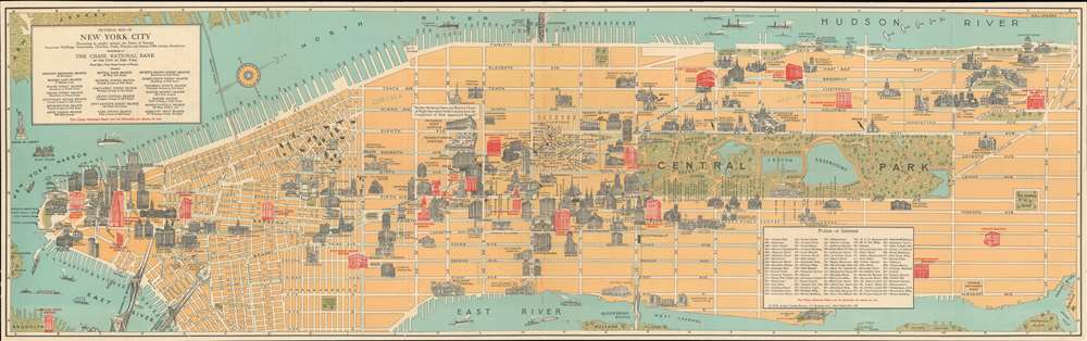 Pictorial Map of New York City Illustrating in graphic manner the Points of Interest: Important Buildings, Institutions, Churches, Parks, Theatres and famous Fifth Avenue Residences. - Main View