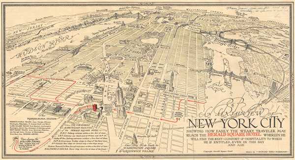 An Aeril View of New York City Showing How Easily the Weary Traveler May Reach the Herald Square Hotel Wherein He Will Find the Rest - Comfort - and Hospitality to Which He is Entitled, Even in this Day and Age. - Main View