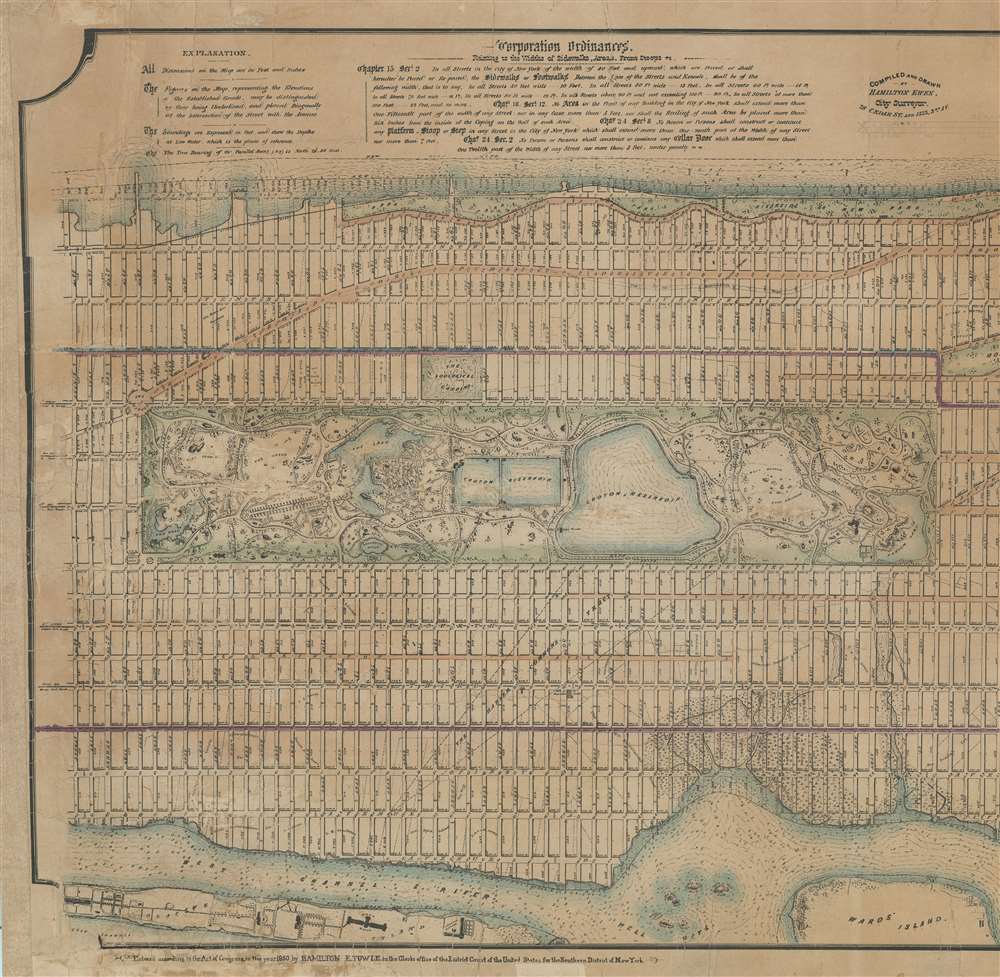 Map of the City of New York, North of 55th Street, Showing on the 'West Side', the Streets, Roads, Avenues and Public Places, established, widened and retained, and the New Pier and Bulk Head Lines and c., as Laid out by the Commsnrs. of Central park.  Also showing on the East Side, The Extenson of Madison and Lexington Avenues, The Location fo the Harbor Commissioners, Bulk-Head and Pier Lines, together with the Sizes of the Blocks, Widths of Streets and Avenues, The Elevations of Established Grade, Dimensions and Distances complete. - Alternate View 1