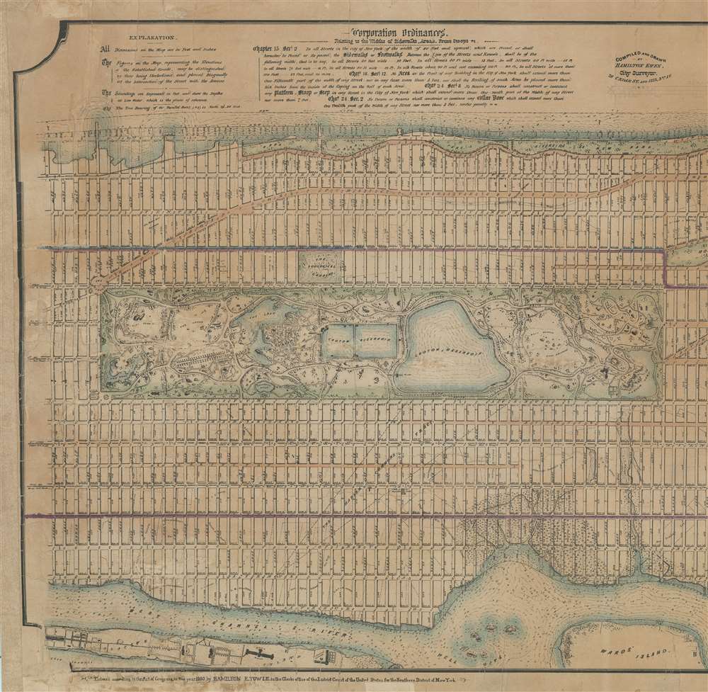 Map of the City of New York, North of 55th Street, Showing on the 'West Side', the Streets, Roads, Avenues and Public Places, established, widened and retained, and the New Pier and Bulk Head Lines and c., as Laid out by the Commsnrs. of Central park.  Also showing on the East Side, The Extenson of Madison and Lexington Avenues, The Location fo the Harbor Commissioners, Bulk-Head and Pier Lines, together with the Sizes of the Blocks, Widths of Streets and Avenues, The Elevations of Established Grade, Dimensions and Distances complete. - Alternate View 1