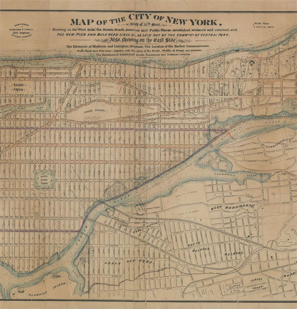 Map of the City of New York, North of 55th Street, Showing on the 'West Side', the Streets, Roads, Avenues and Public Places, established, widened and retained, and the New Pier and Bulk Head Lines and c., as Laid out by the Commsnrs. of Central park.  Also showing on the East Side, The Extenson of Madison and Lexington Avenues, The Location fo the Harbor Commissioners, Bulk-Head and Pier Lines, together with the Sizes of the Blocks, Widths of Streets and Avenues, The Elevations of Established Grade, Dimensions and Distances complete. - Alternate View 2