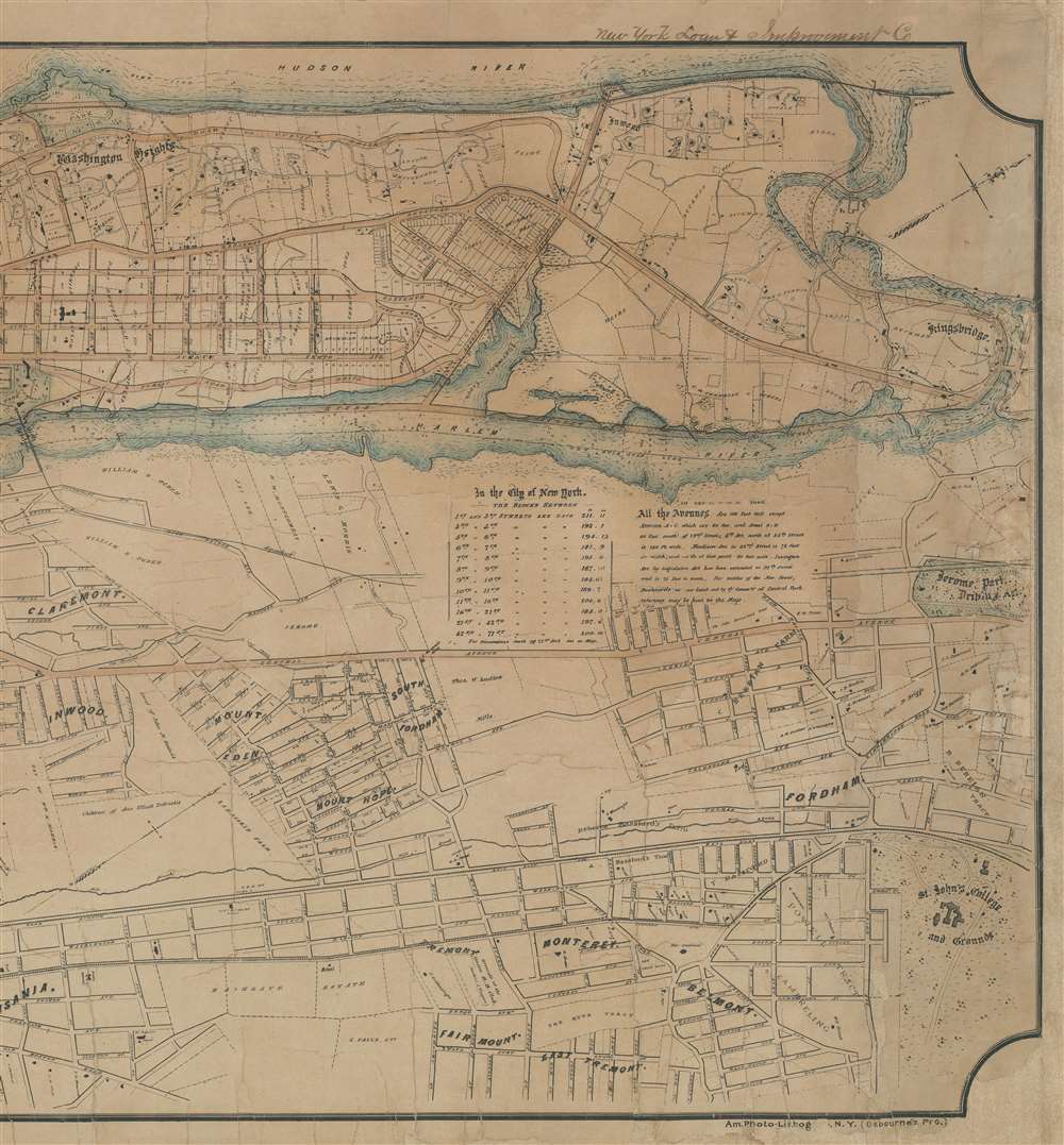 Map of the City of New York, North of 55th Street, Showing on the 'West Side', the Streets, Roads, Avenues and Public Places, established, widened and retained, and the New Pier and Bulk Head Lines and c., as Laid out by the Commsnrs. of Central park.  Also showing on the East Side, The Extenson of Madison and Lexington Avenues, The Location fo the Harbor Commissioners, Bulk-Head and Pier Lines, together with the Sizes of the Blocks, Widths of Streets and Avenues, The Elevations of Established Grade, Dimensions and Distances complete. - Alternate View 3