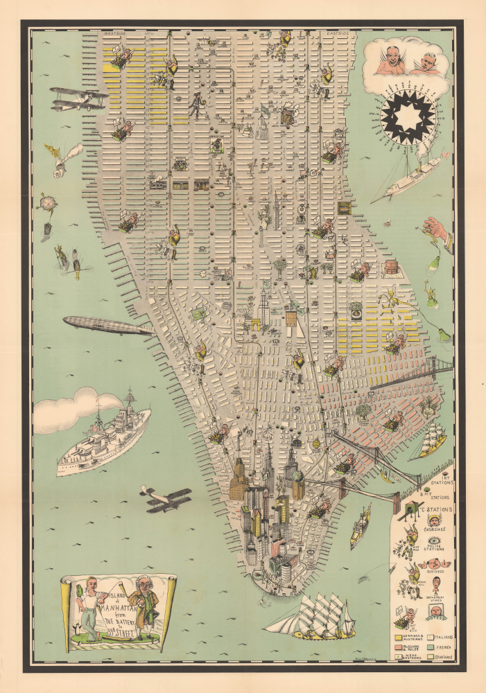 1927 Kaj Klitgaard Gilded Age Prohibition Pictorial Map of Manhattan, New York City