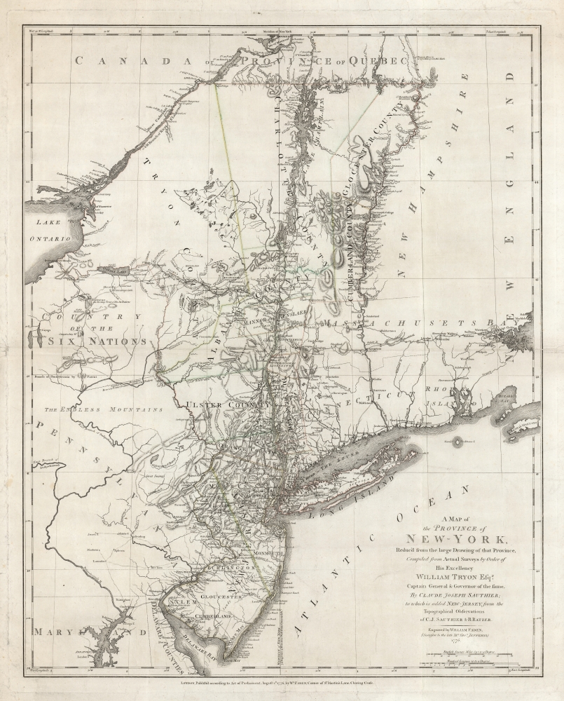 A Map of The Province of New-York, Reduc'd from the large Drawing of that Province, Compiled from Actual Surveys by order of His Excellency William Tryon Esq.r Captain General and Governor of the same, by Claude Joseph Sauthier, to which is added New-Jersey, from the Topographical Observations of C. J . Sauthier and B. Ratzer. - Main View