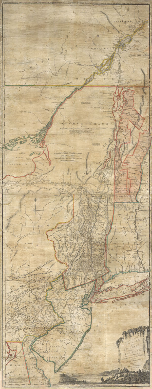 The Provinces of NEW YORK and NEW JERSEY with part of PENSILVANIA, and  the Governments of TROIS RIVIERES, and MONTREAL: drawn by Capt. Holland. / A Chorographical Map of the Country between Albany, Oswego, Fort Frontenac, and Les Trois Rivieres; Exhibing all the Grands made by the French Governors  on Lake Champlain; & between that Lake & Montreal. - Main View