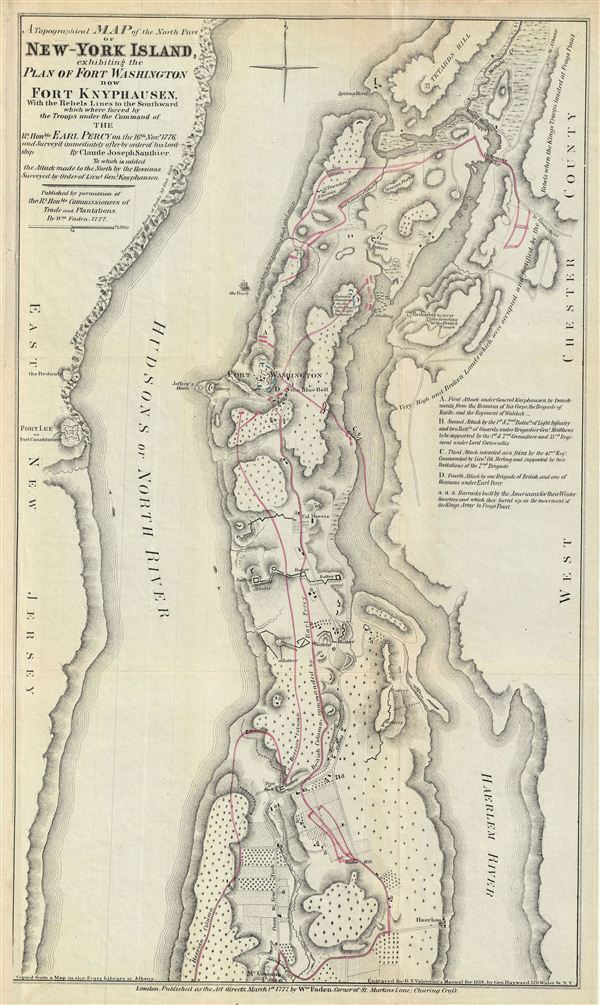 A Topographical Map of the North Part of New-York Island, exhibiting the Plan of Fort Washington, now Fort Knyphausen, With the Rebels Lines to the Southward, which were forced by the Troops under the Command of the Rt. Honble. Earl Percy on the 16th Novr. 1776, and Survey'd immediately after by order of his Lordship. By Claude Joseph Sauthier. - Main View