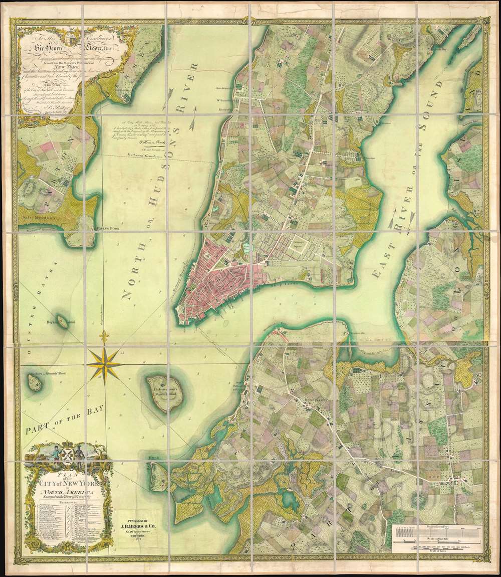 To his excellency Sr. Henry Moore, bart., captain general and governour in chief, in and over his majesty's province of New York and the territories depending thereon in America, chancellor and vice admiral of the same : This plan of the city of New York and its environs, survey'd and laid down ; is most humbly dedicated by his excellency's most obedt. humble servant B. Ratzer. - Main View