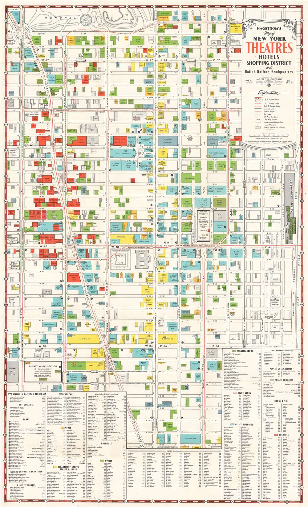 Hagstrom's Map of New York Theatres, Hotels, Shopping District and United Nations Headquarters. - Main View