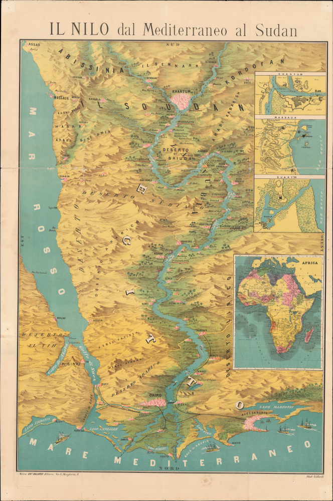 1885 Antonio Vallardi Bird's Eye View of the Nile River from the Delta to Khartoum