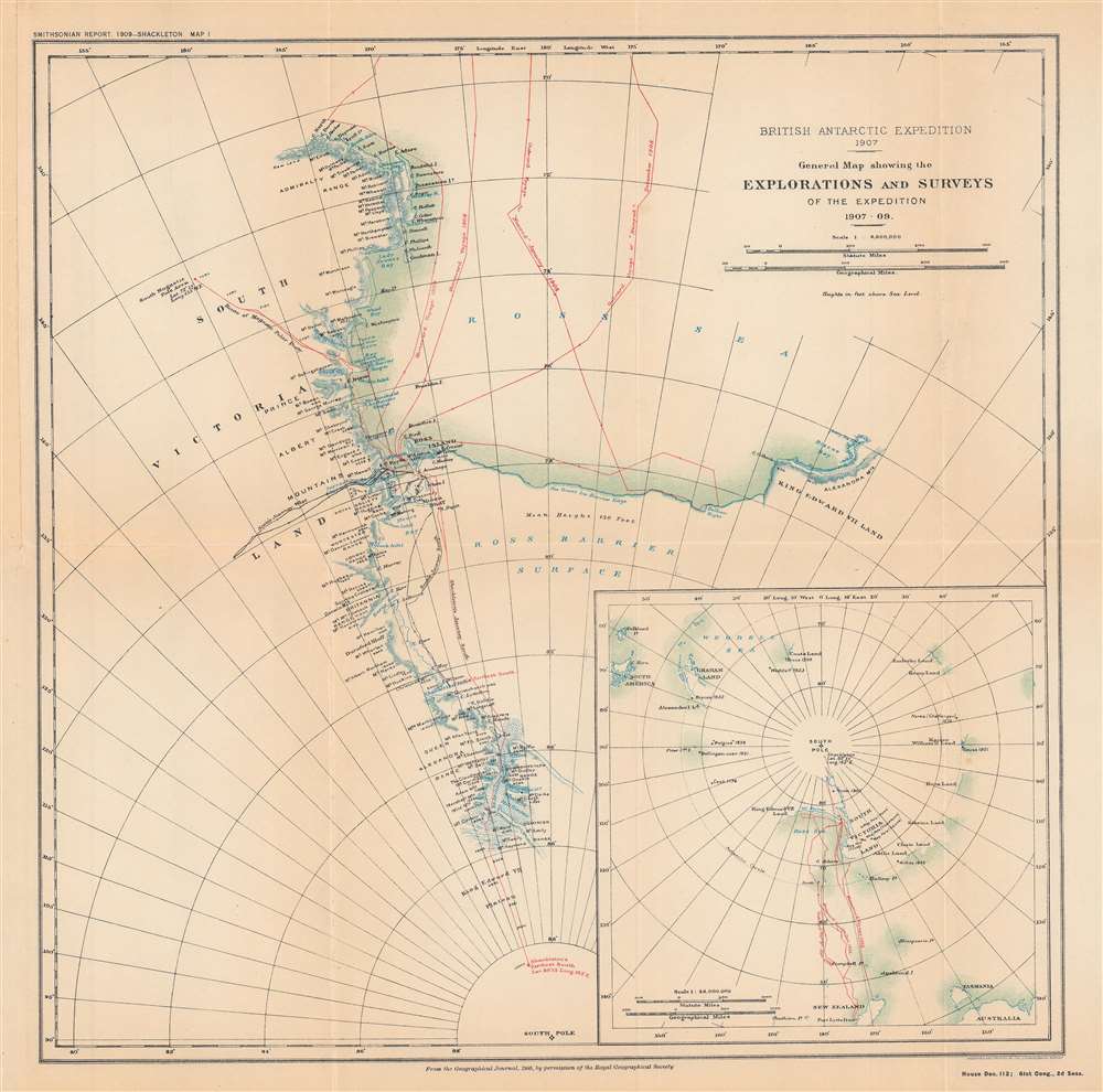 British Antarctic expedition, 1907 : general map showing the explorations and surveys of the expedition, 1907-09. - Main View