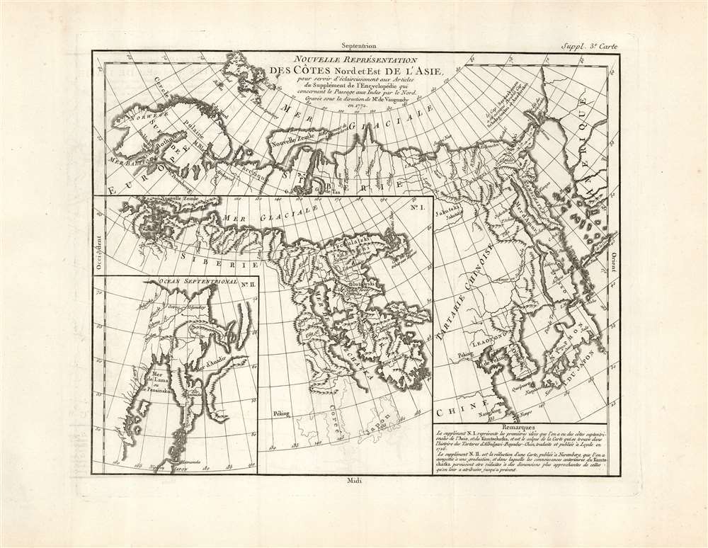 Nouvelle représentation Des Côtes Nord et Est de l'Asie pour servir d'éclaircissement aux Articles du Supplement de L'Encyclopédie qui concernent le passage aux Indes par le Nord. - Main View