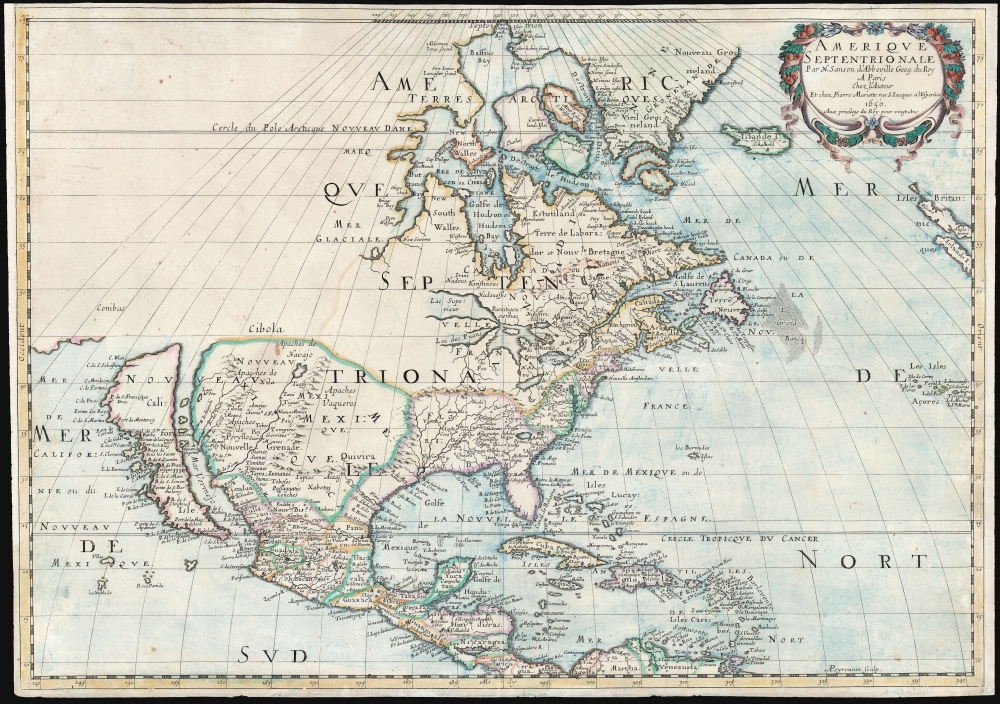 Amerique Septentrionale Par N. Sanson d'Abbeville Geog. du Roy A Paris Chez l'Auteur Et chez Pierre Mariette rue S. Jacques a lEsperāce 1650. Avec privilege du Roy pour vingt Ans. - Main View