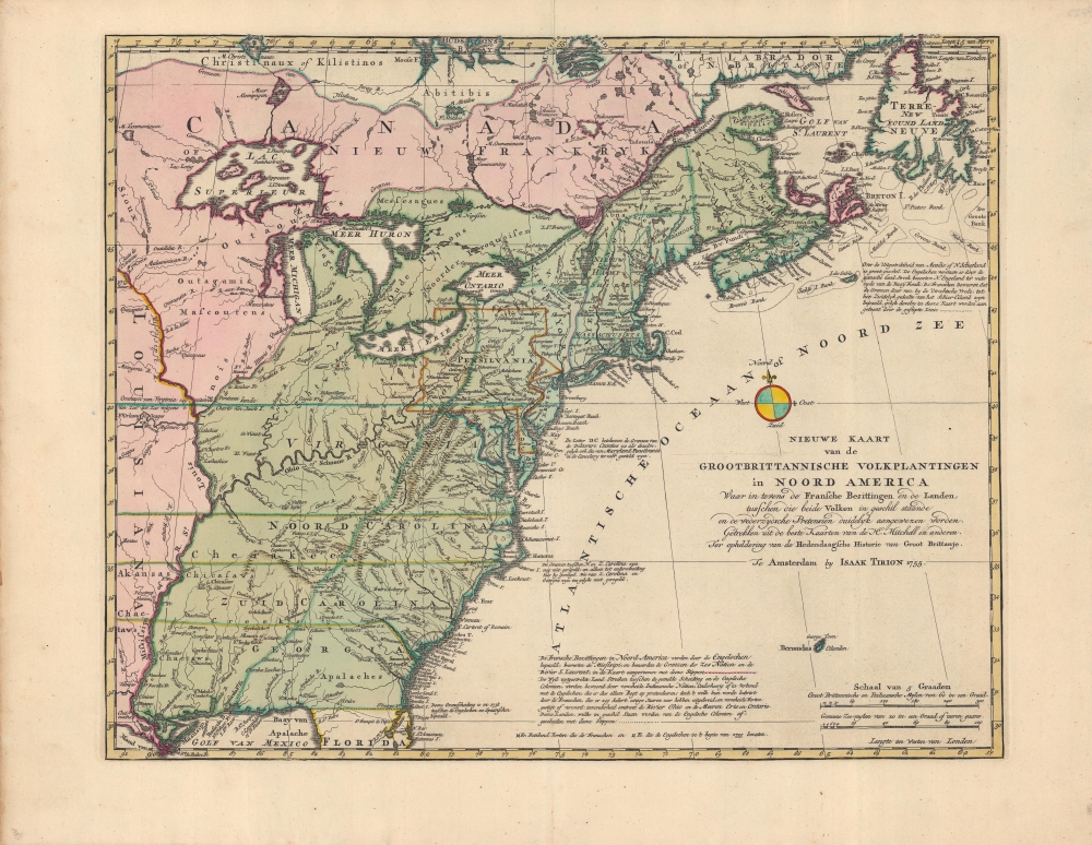 Nieuwe kaart van de Grootbrittannische volkplantingen in Noord America : waar in tevens de Fransche bezittingen en de Landen, tusschen die beide volken in geschil staande en de wederzydsche pretensien duidelyk aangewezen worden. - Main View