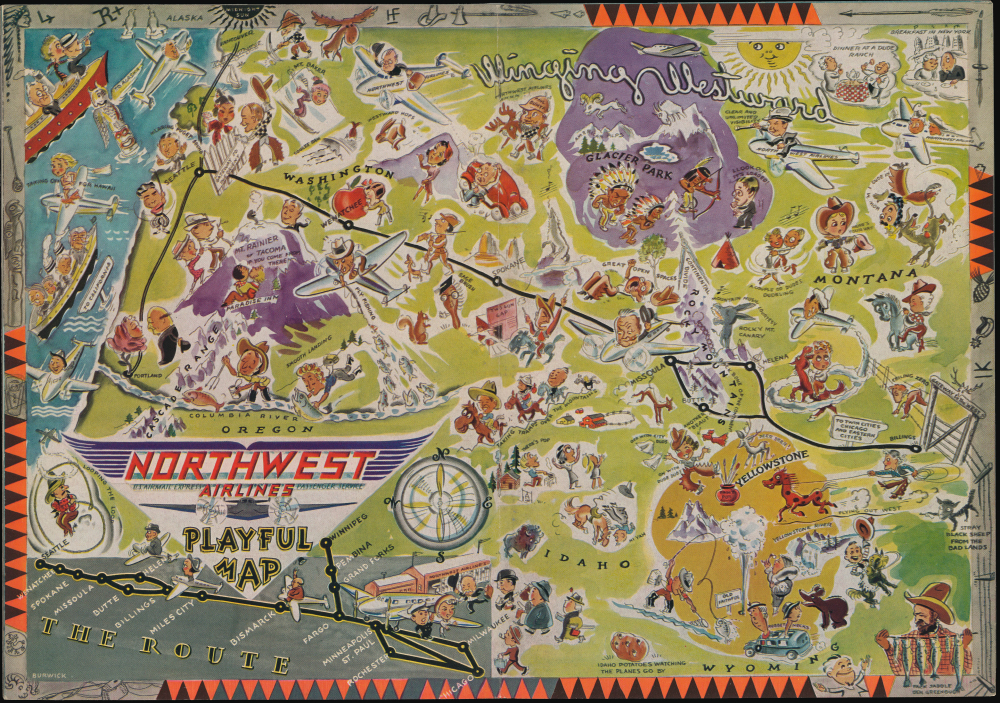 1938 Burwick Pictorial Map of the Pacific Northwest, Northwest Airlines