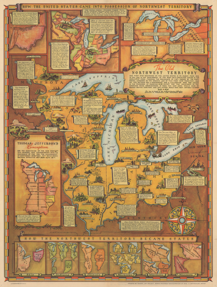 1937 WPA Pictorial Map of the Northwest Territory (Ohio, Illinois, Michigan, etc.)